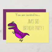 紫色の恐竜の少年の誕生日パーティー 招待状 (正面/裏面)