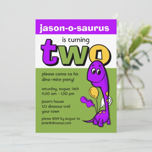 紫色の恐竜の第2誕生日 招待状 (スタンド正面)