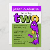 紫色の恐竜の第2誕生日 招待状 (正面/裏面)