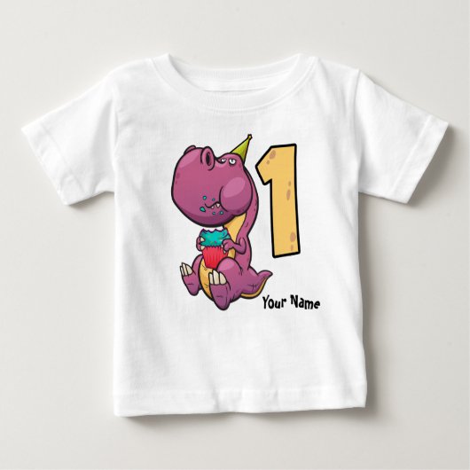 紫色の恐竜のTレックスの第1誕生日 ベビーTシャツ (正面)