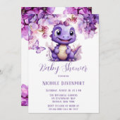 紫色の恐竜フローラ蝶ガールベビーシャワー 招待状 (正面/裏面)