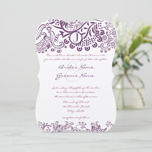 紫色の愛の鳥のおとぎ話モノグラムウェディング 招待状 (スタンド正面)