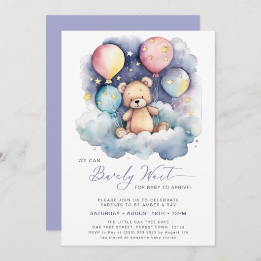 紫色の我々はベアベビーシャワーを待つことができる 招待状 (正面/裏面)