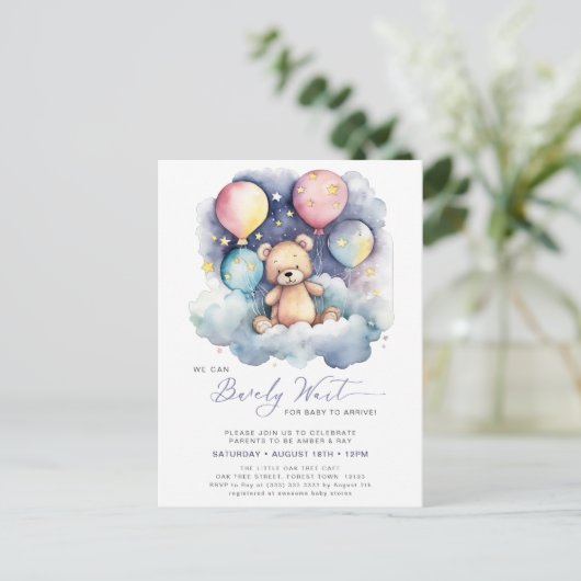 紫色の我々は愛らしい赤ちゃんシャワーを待つことができる インビテーションポストカード (スタンド正面)