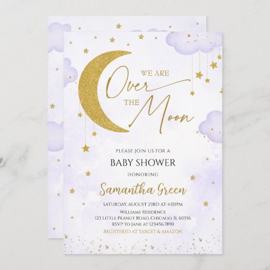 紫色の我々は月の赤ん坊のシャワー上にある 招待状 (正面/裏面)