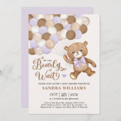 紫色の我々はbearly待つことができるテディベア赤ちゃんシャワー 招待状 (正面/裏面)