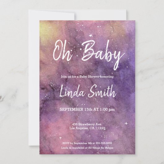 紫色の手の絵を描水の色銀河系赤ちゃんシャワー 招待状 (正面)