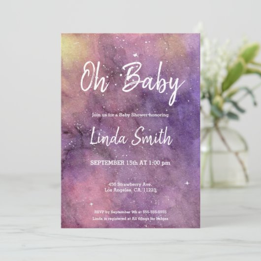 紫色の手の絵を描水の色銀河系赤ちゃんシャワー 招待状 (スタンド正面)