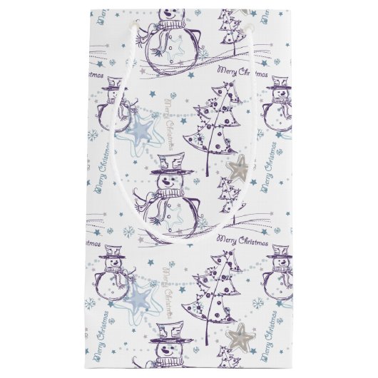 紫色の手描きクリスマス雪だるま スモールペーパーバッグ (正面)