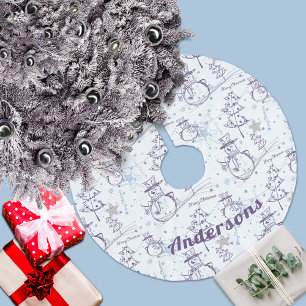 紫色の手描きクリスマス雪だるま ブラッシュドポリエステルツリースカート