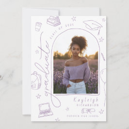 紫色の手描き写真卒業発表 案内状