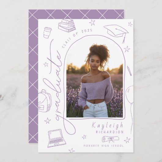 紫色の手描き写真卒業発表 案内状 (正面/裏面)