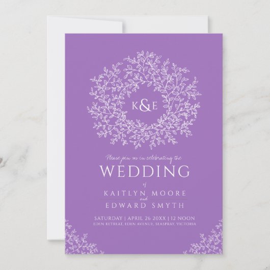 紫色の手描き春葉の植物リース 招待状 (正面)