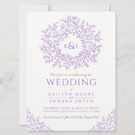 紫色の手描き葉モノグラム結婚アート 招待状