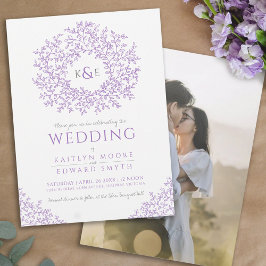 紫色の手描き葉モノグラム結婚アート 招待状