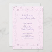 紫色の手描き蝶誕生日 お洒落 招待状 (正面)