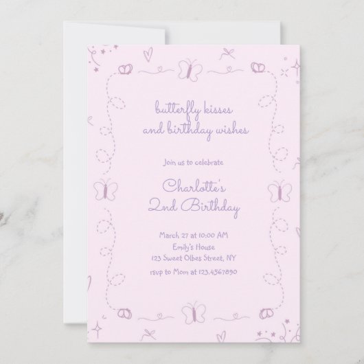 紫色の手描き蝶誕生日 お洒落 招待状 (正面)
