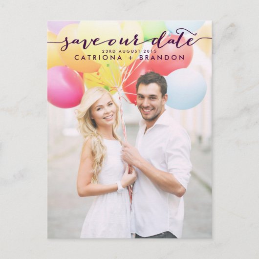 紫色の手書きスクリプ救ト写真Our Date 案内ポストカード (正面)