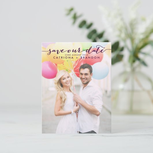 紫色の手書きスクリプ救ト写真Our Date 案内ポストカード (スタンド正面)