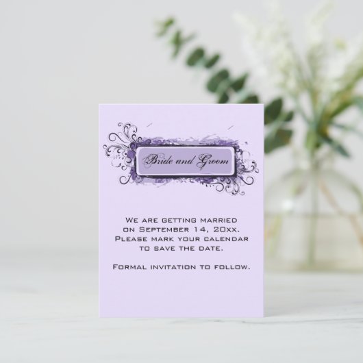 紫色の抽象芸術フローラ結婚式の日付を保存 招待状 (スタンド正面)