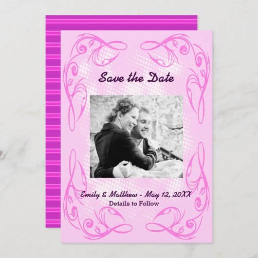 紫色の抽象芸術縁ど旋回日付カードの保存 セーブザデート (正面/裏面)