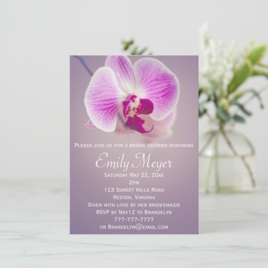 紫色の放射蘭のブライダルシャワーの招待状 招待状 (スタンド正面)