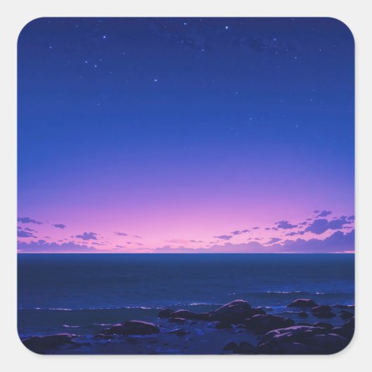 紫色の日の入り時の星空の海辺 スクエアシール (正面)