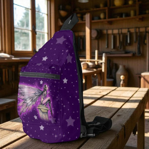 紫色の星の妖精ファンタジーアート 星空の背景 スリングバッグ