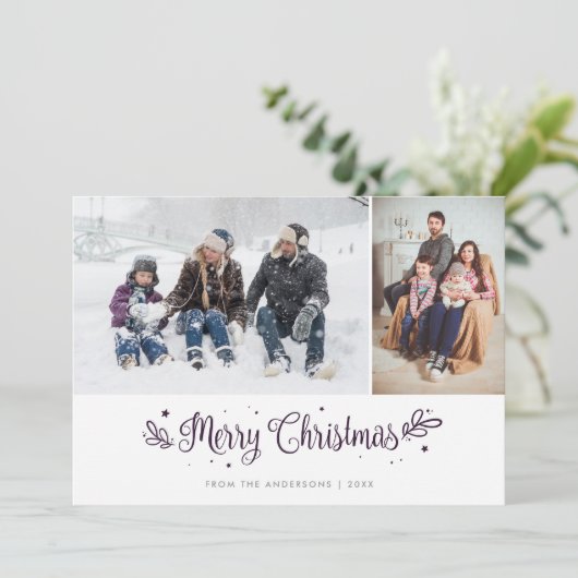 紫色の星の書道クリスマスフォトカード シーズンカード (スタンド正面)