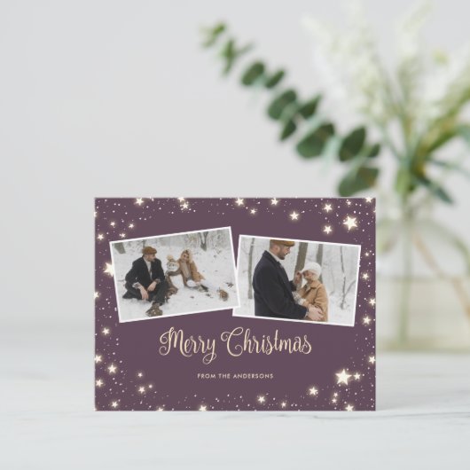 紫色の星の雪の写真メリークリスマス シーズンポストカード (スタンド正面)