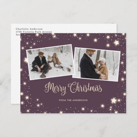 紫色の星の雪の写真メリークリスマス シーズンポストカード (正面/裏面)