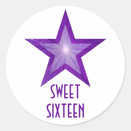 紫色の星'Sweet sixteen'丸いステッカーホワイト ラウンドシール (正面)