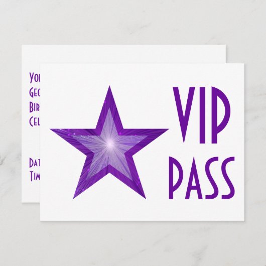 紫色の星'VIP PASS'招待ホワイト水平 招待状 (正面/裏面)