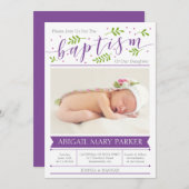 紫色の書道洗礼写真招待状カード 招待状 (正面/裏面)