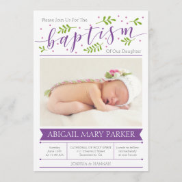 紫色の書道洗礼写真招待状カード 招待状