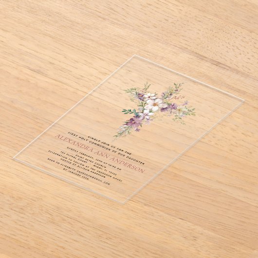 紫色の最初の聖餐式の野花 アクリル招待状 (レイダウン)