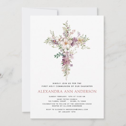 紫色の最初の聖餐式の野花 招待状 (正面)