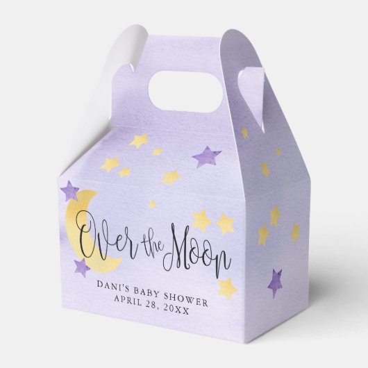 紫色の月の上に、赤ちゃんシャワー月の星 フェイバーボックス (裏面サイド)