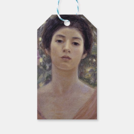 紫色の朝顔の花を持つ日本人女性 ギフトタグ (正面)