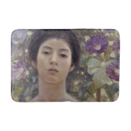 紫色の朝顔の花を持つ日本人女性 バスマット