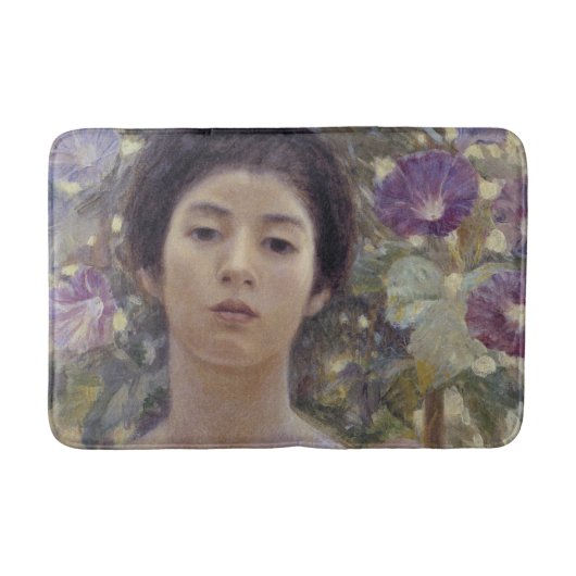 紫色の朝顔の花を持つ日本人女性 バスマット (正面)
