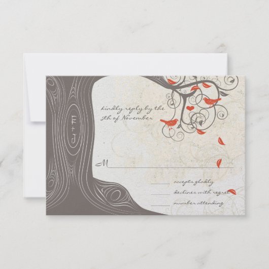 紫色の木の渦巻きラブバード結婚式招待状 招待状 (正面)