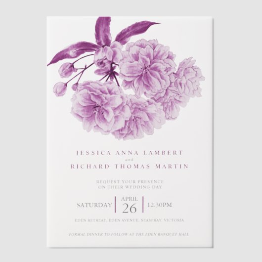 紫色の木の花の水の色の写真結婚の ベラム紙招待状 (正面)