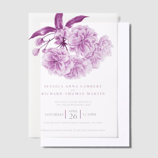 紫色の木の花の水の色の写真結婚の ベラム紙招待状 (オフセット)