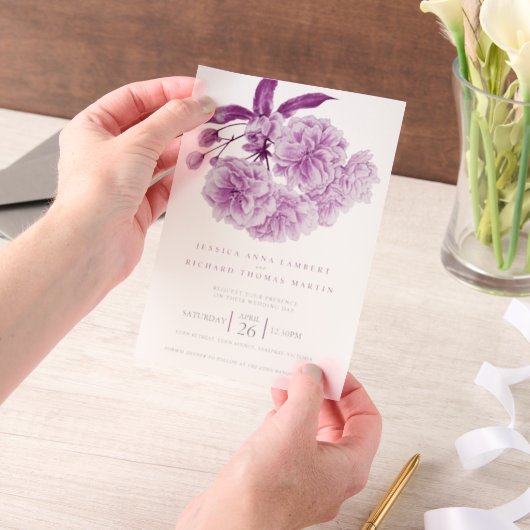 紫色の木の花の水の色の写真結婚の ベラム紙招待状 (ポータブル)