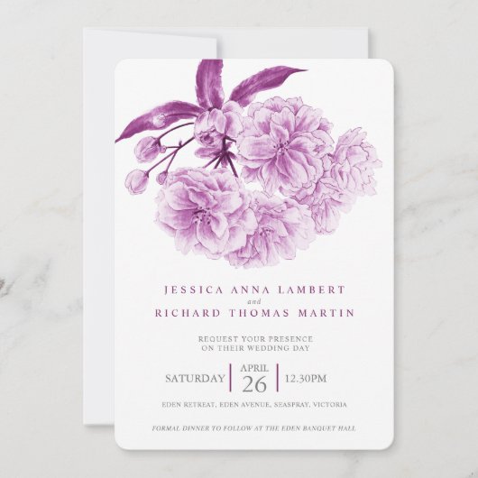 紫色の木の花の水の色の写真結婚の 招待状 (正面)