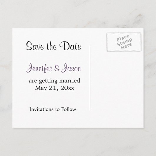 紫色の枝を持つメイソンの瓶 – 日付を保存 案内ポストカード (裏面)