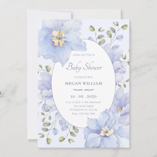 紫色の柔らかい花の開花赤ちゃんシャワー 招待状 (正面)