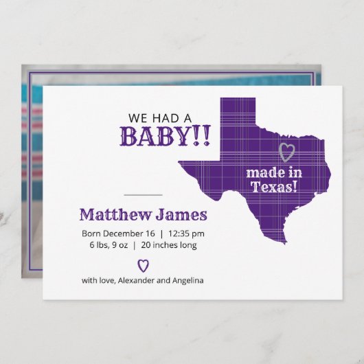 紫色の格子模様がテキサス州横形写真 案内状 (正面/裏面)