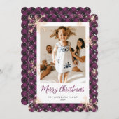 紫色の格子模様のスノーフレーク写真メリークリスマス シーズンカード (正面/裏面)